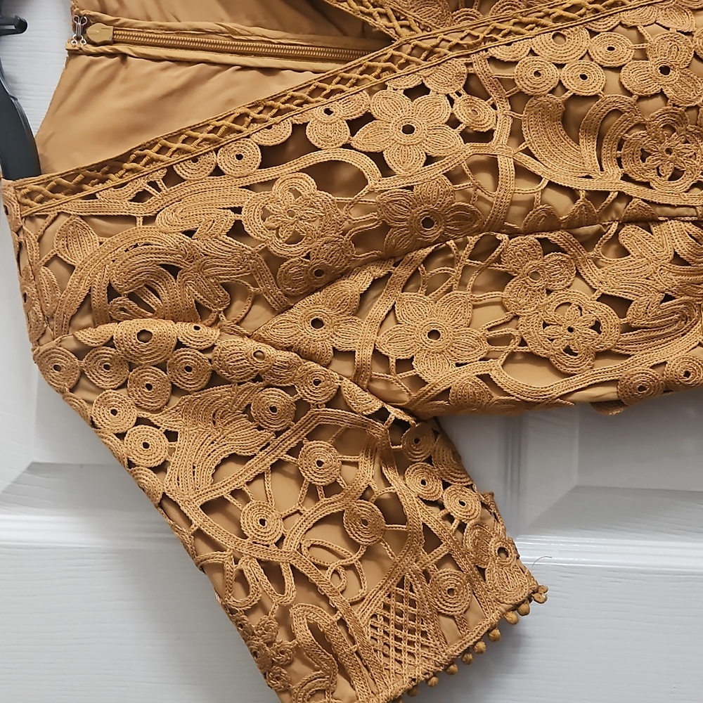 Adelyn Rae Lace V-neck Short Sleeve  Sheath Mini Dress: Color- Mustard - Picture 5 of 11